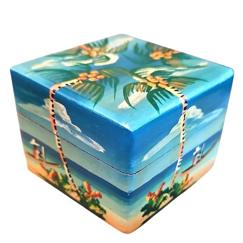 Gorgeous Hand-Painted Tropical Palm Trees and Man in a Canoe Wooden Trinket Box